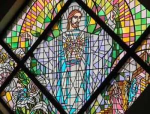 Christ in stained glass window at St. Patrick's Church