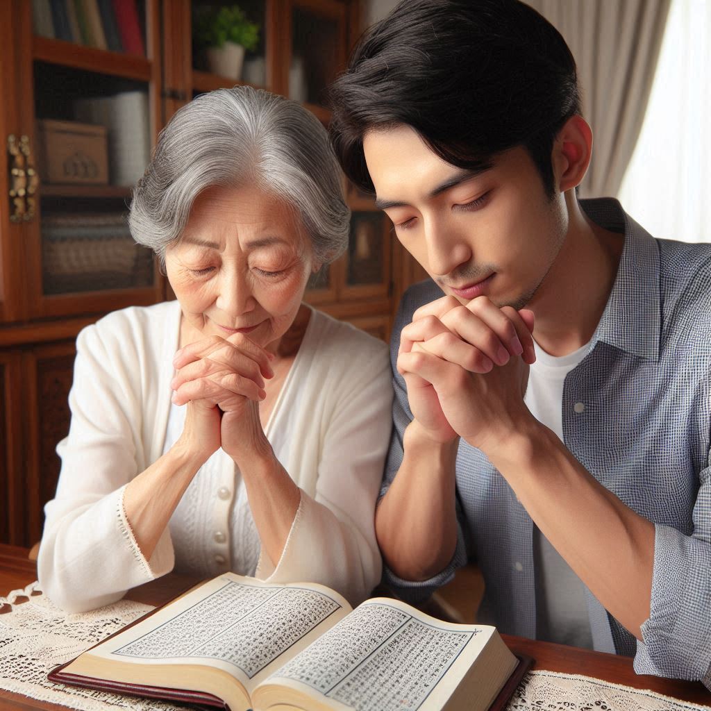 woman and her son praying for Guild of St. Benedict